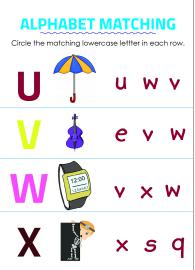 Circle Matching Uppercase and Lowercase Letters - U to X
