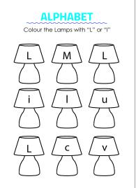Color the Lamps with letter L - Capital and Small Letter Identification