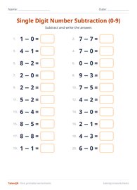 Single Digit Number Subtraction (0-9)
