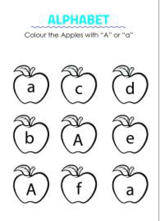 English Worksheet: Color the Apples with A - Capital and Small Letter Identification Worksheet