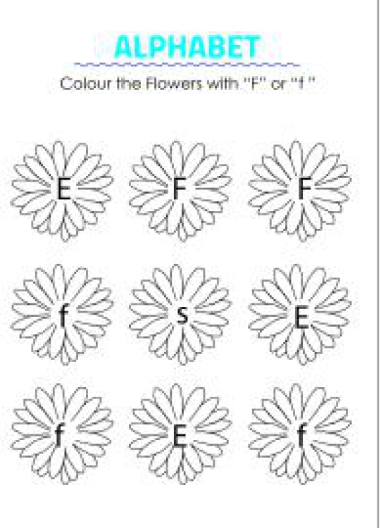 English Worksheet: Color the Flowers with F- Capital and Small Letter Identification Worksheet