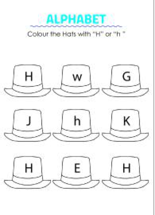 English Worksheet: Color the Hats with H - Capital and Small Letter Identification Worksheet