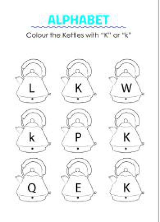English Worksheet: Color the Kettles with letter K - Capital and Small Letter Identification Worksheet