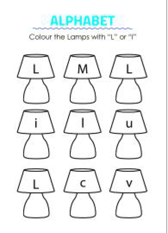 English Worksheet: Color the Lamps with letter L - Capital and Small Letter Identification Worksheet
