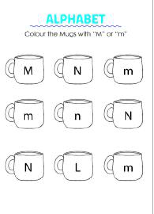 English Worksheet: Color the Mugs with letter M - Capital and Small Letter Identification Worksheet
