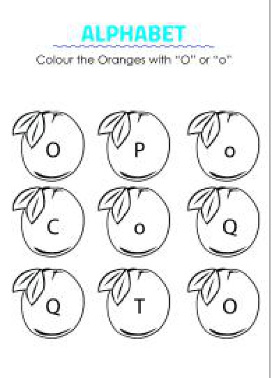 English Worksheet: Color the Oranges with letter O - Capital and Small Letter Identification Worksheet