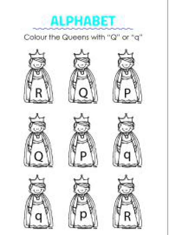 Art And Craft Worksheet: Color the Queens with letter Q- Capital and Small Letter Identification Worksheet