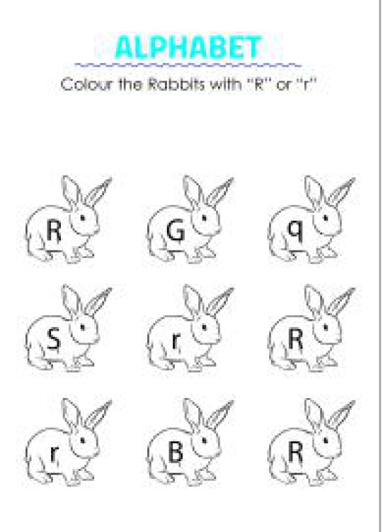 Art And Craft Worksheet: Color the Rabbits with letter R - Capital and Small Letter Identification Worksheet
