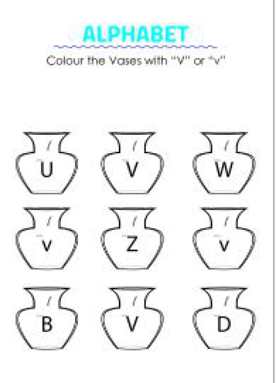 Art And Craft Worksheet: Color the Vases with V - Capital and Small Letter Identification Worksheet