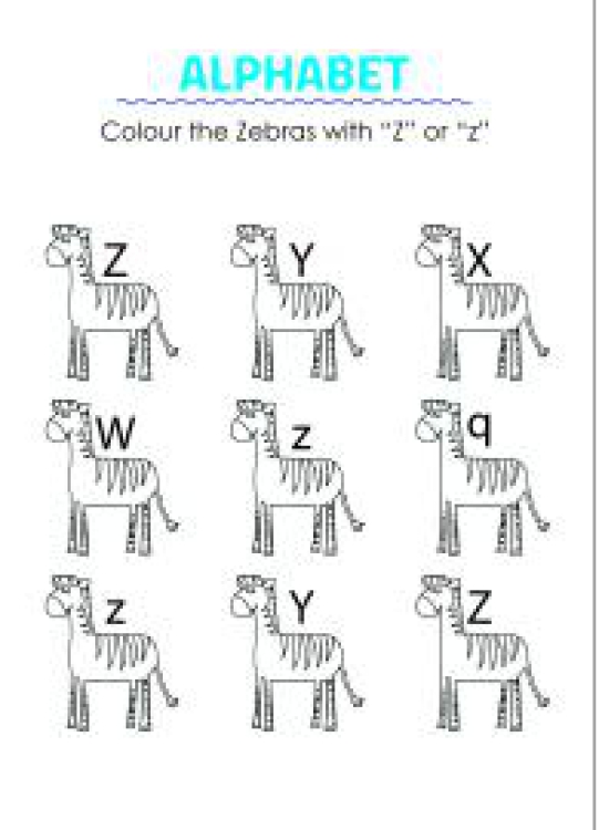 Art And Craft Worksheet: Color the Zebras with Z- Capital and Small Letter Identification Worksheet