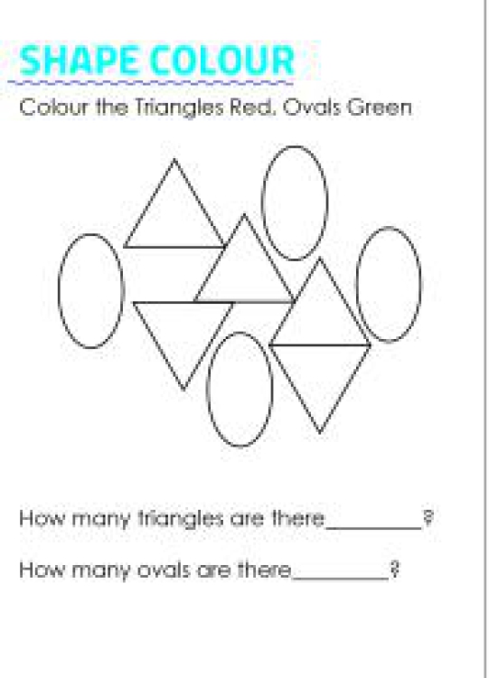 Art And Craft Worksheet: Colour the shapes and Count Triangles and Ovals Worksheet