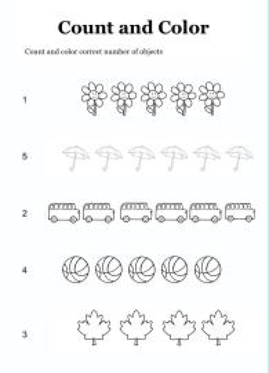 Math Worksheet: Count and Color Upto 5 - Counting Number Worksheet