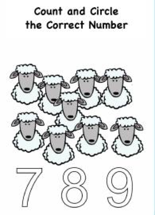 Math Worksheet: Count the objects and circle the correct numeral up to 9 Worksheet