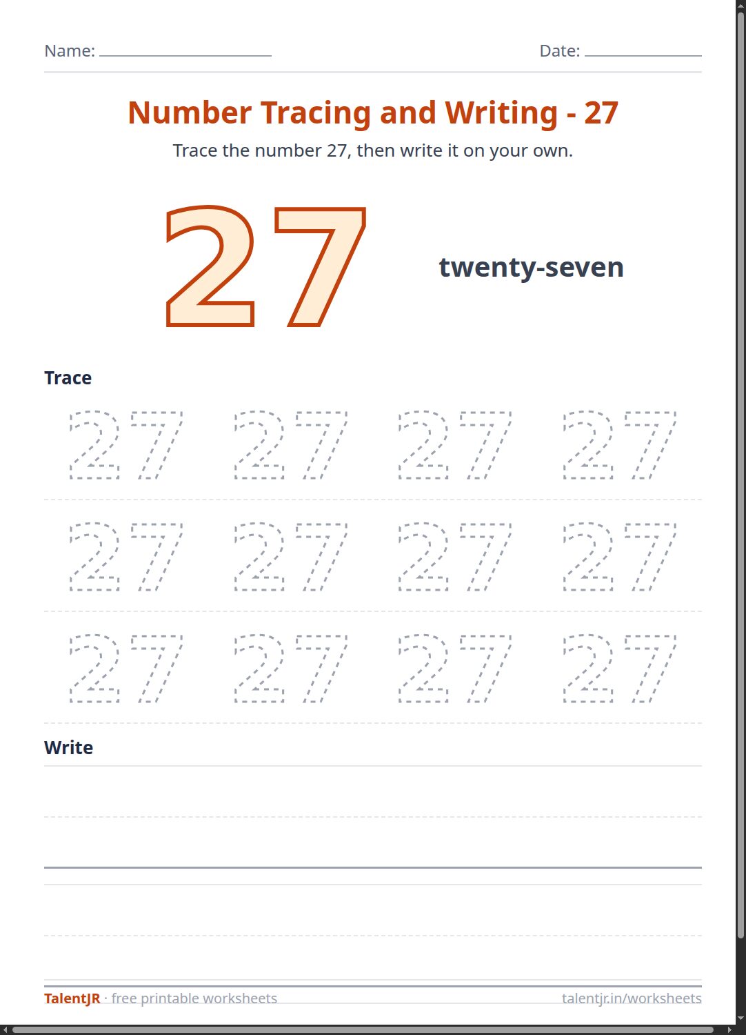 Math Worksheet: Number Tracing and Writing - 27 Worksheet
