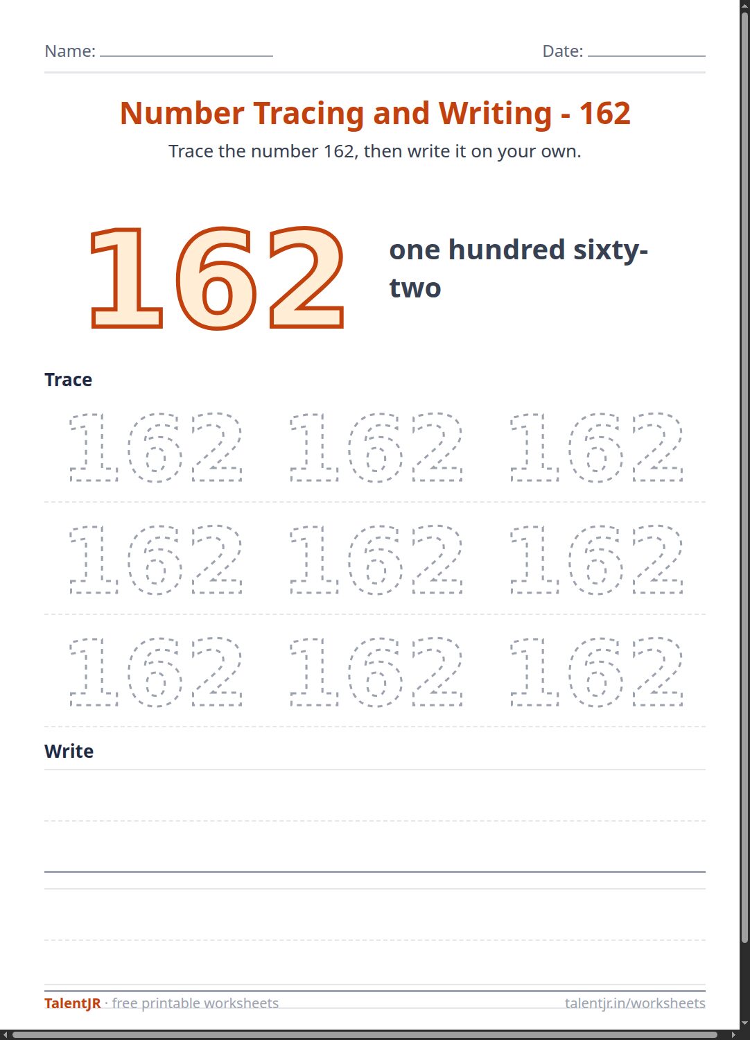 Math Worksheet: Number Tracing and Writing - 162 Worksheet