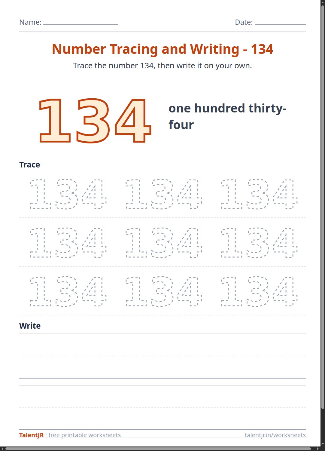 Math Worksheet: Number Tracing and Writing - 134 Worksheet