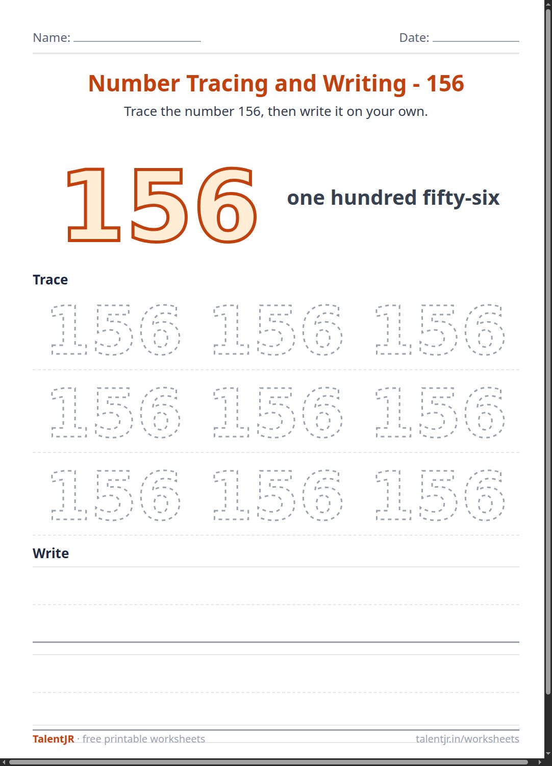 Math Worksheet: Number Tracing and Writing - 156 Worksheet