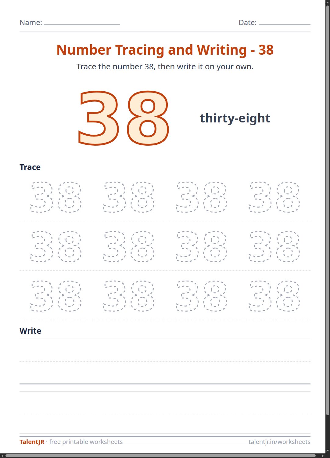 Math Worksheet: Number Tracing and Writing - 38 Worksheet