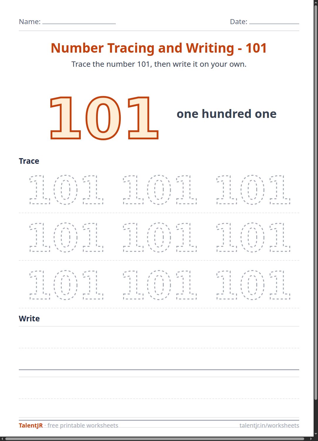 Math Worksheet: Number Tracing and Writing - 101 Worksheet