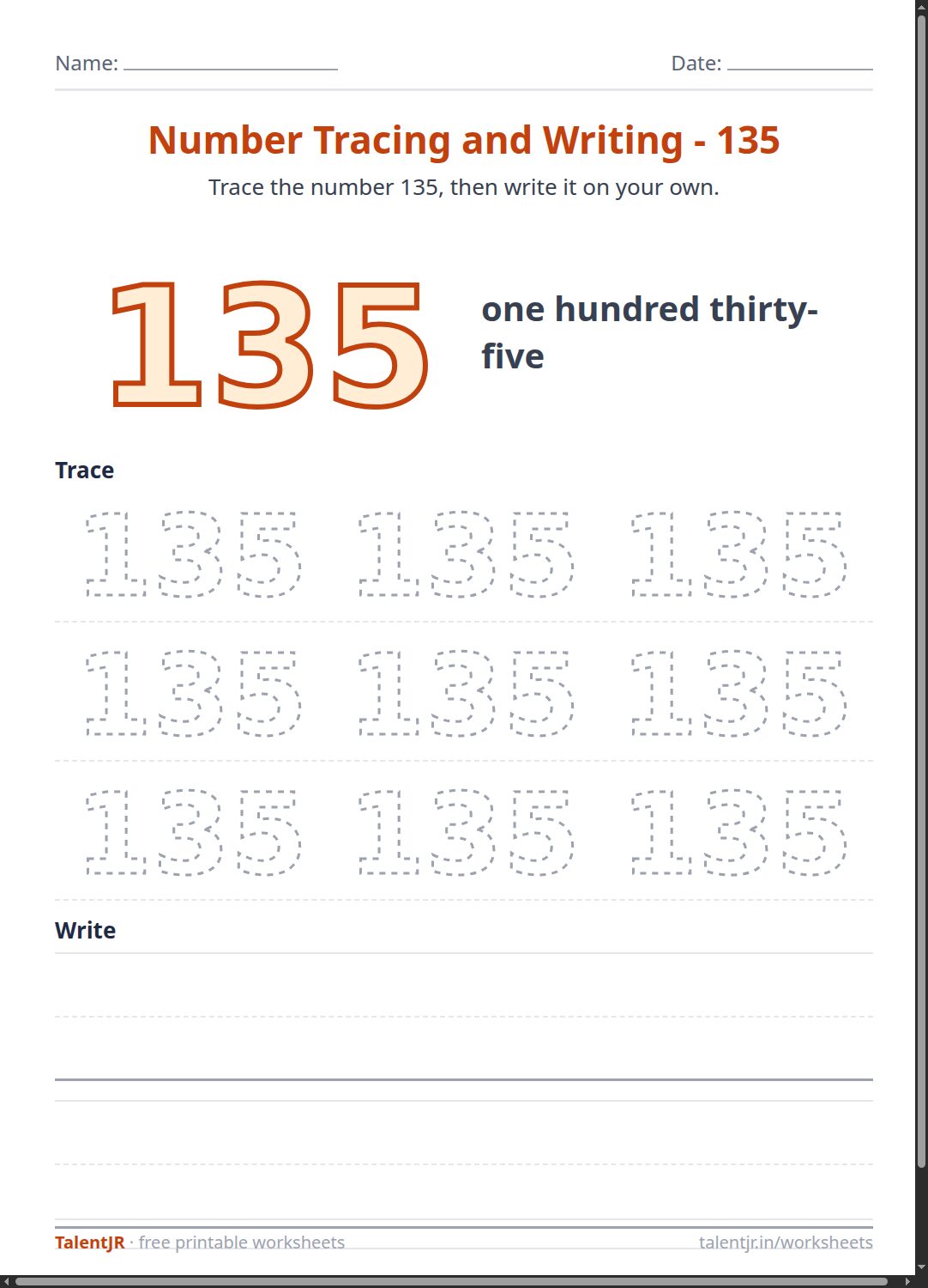 Math Worksheet: Number Tracing and Writing - 135 Worksheet