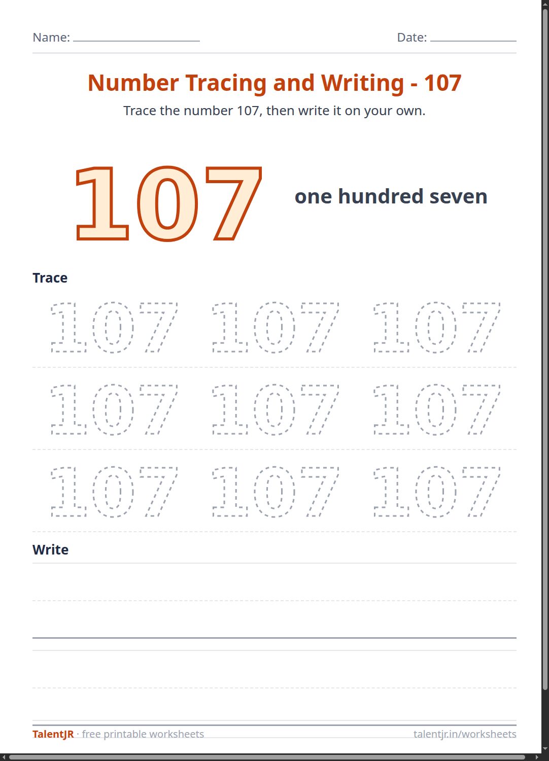 Math Worksheet: Number Tracing and Writing - 107 Worksheet