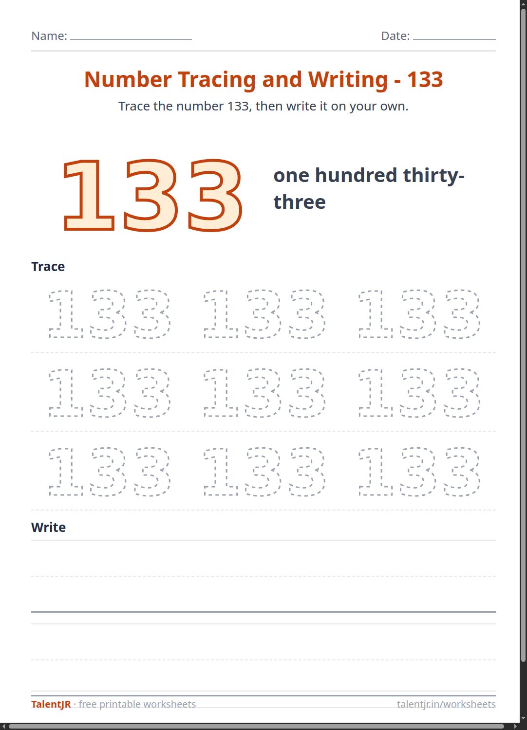 Math Worksheet: Number Tracing and Writing - 133 Worksheet