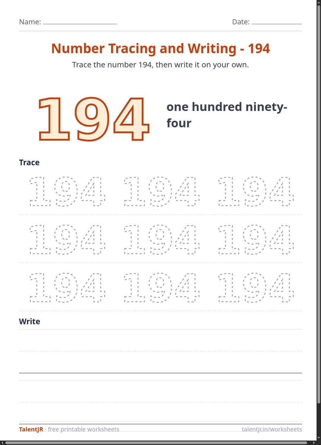 Math Worksheet: Number Tracing and Writing - 194 Worksheet
