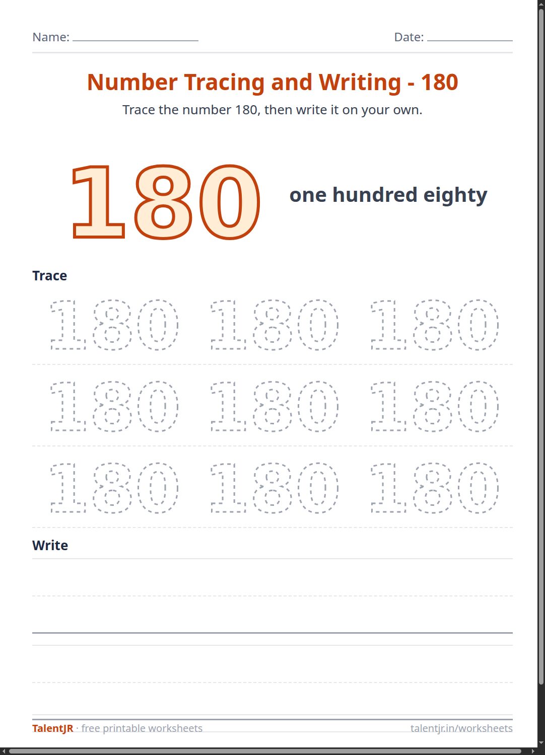 Math Worksheet: Number Tracing and Writing - 180 Worksheet
