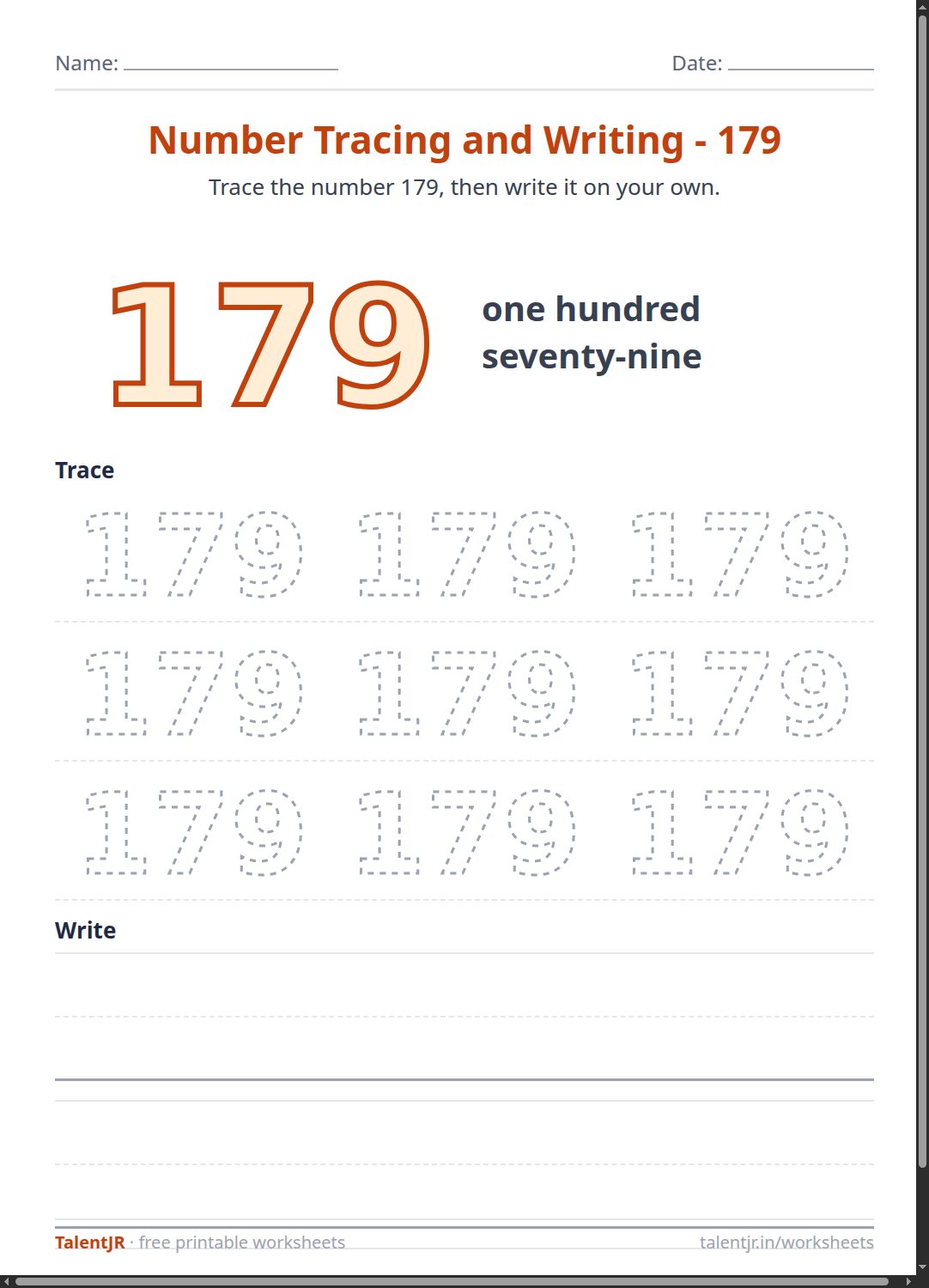 Math Worksheet: Number Tracing and Writing - 179 Worksheet