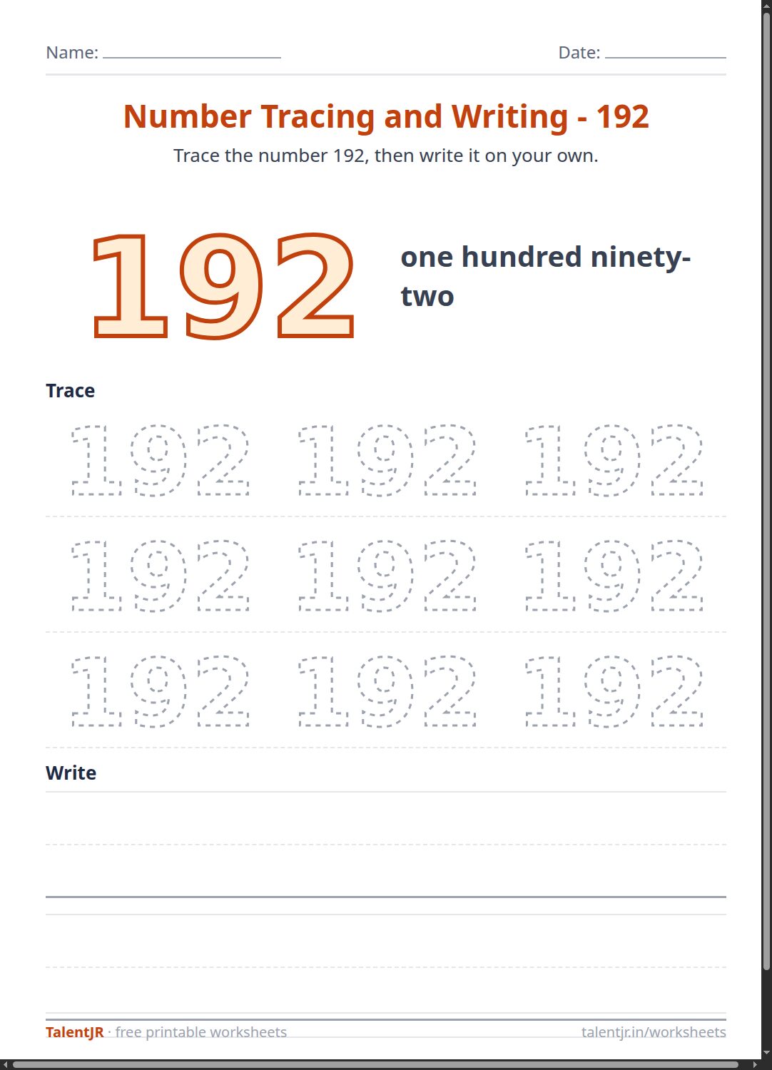 Math Worksheet: Number Tracing and Writing - 192 Worksheet