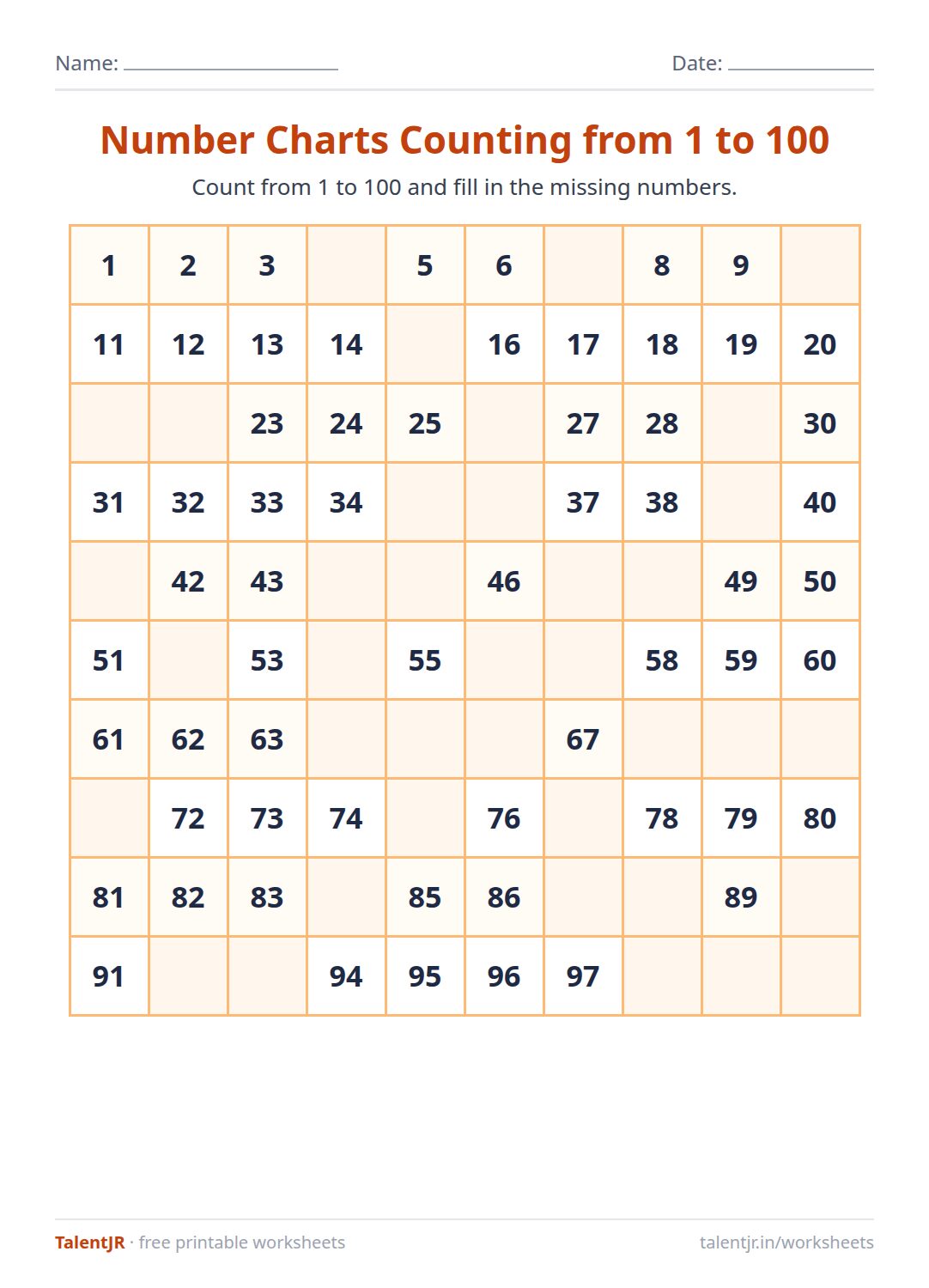 Math Worksheet: Number Charts Counting from 1 to 100 Worksheet