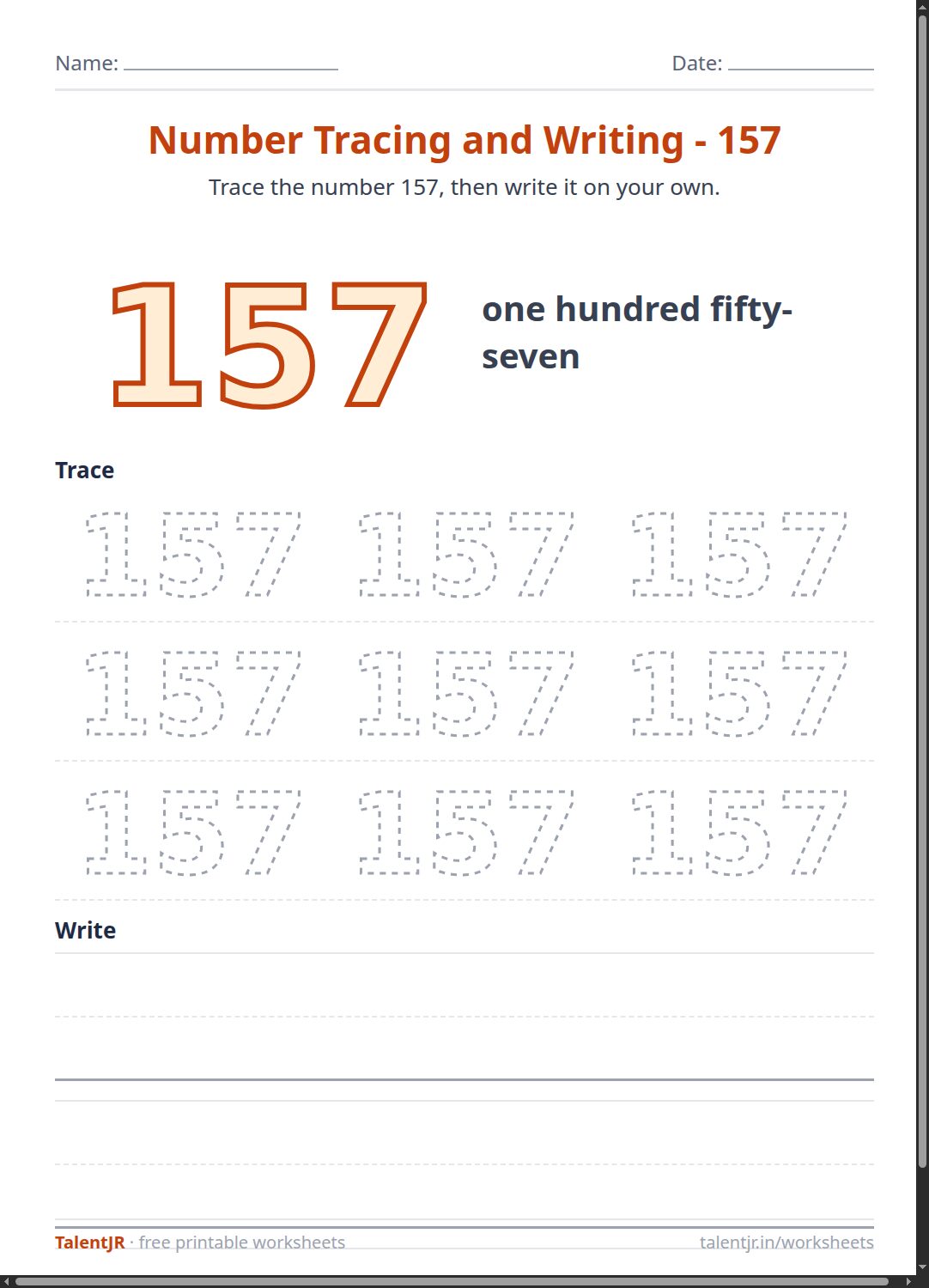 Math Worksheet: Number Tracing and Writing - 157 Worksheet