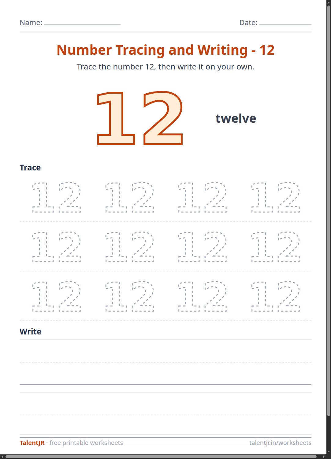 Math Worksheet: Number Tracing and Writing - 12 Worksheet