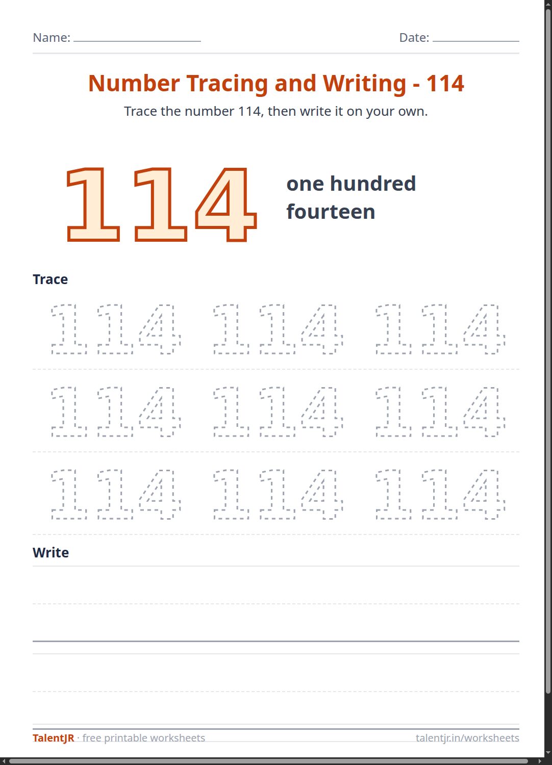 Math Worksheet: Number Tracing and Writing - 114 Worksheet