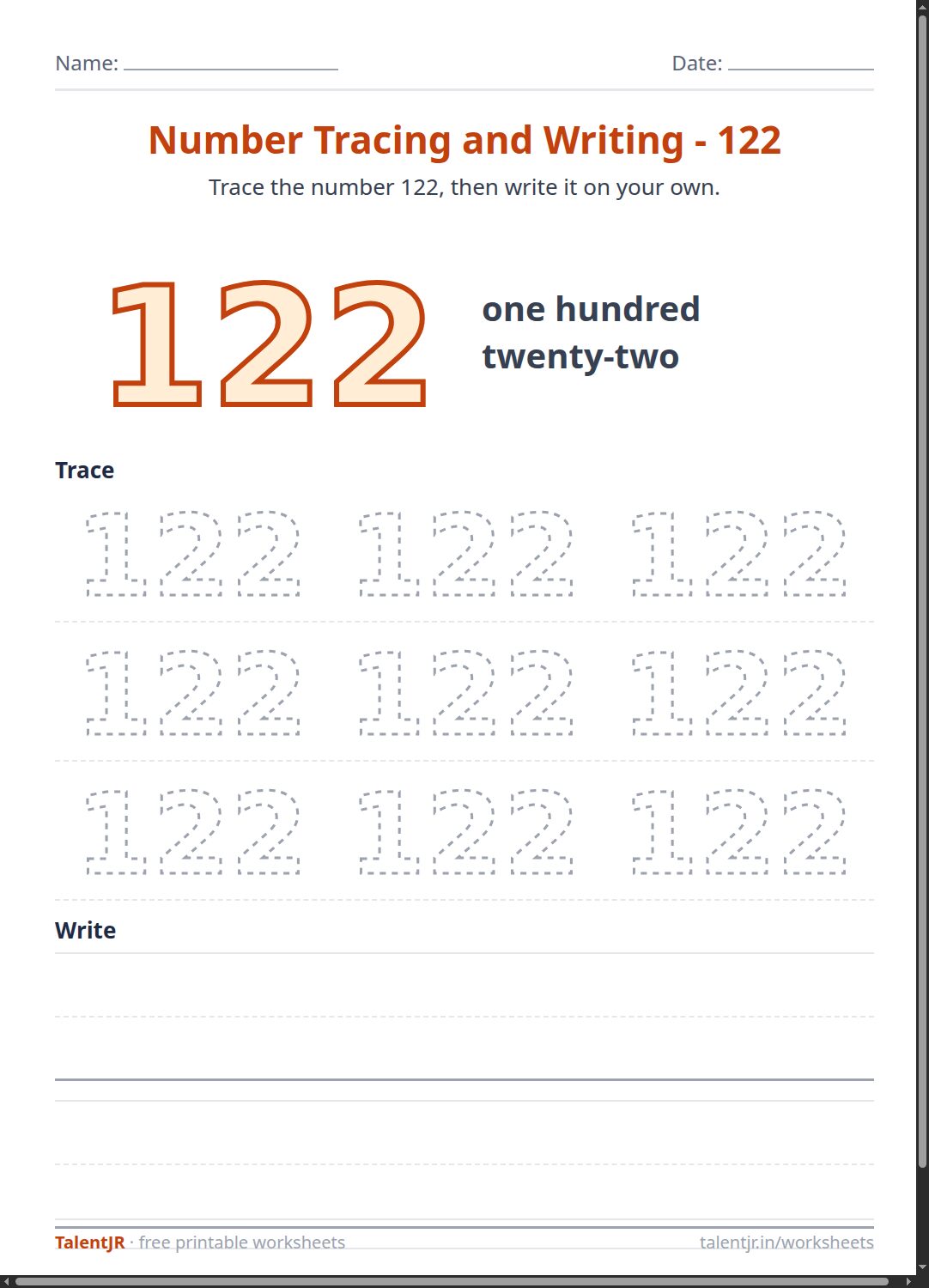 Math Worksheet: Number Tracing and Writing - 122 Worksheet