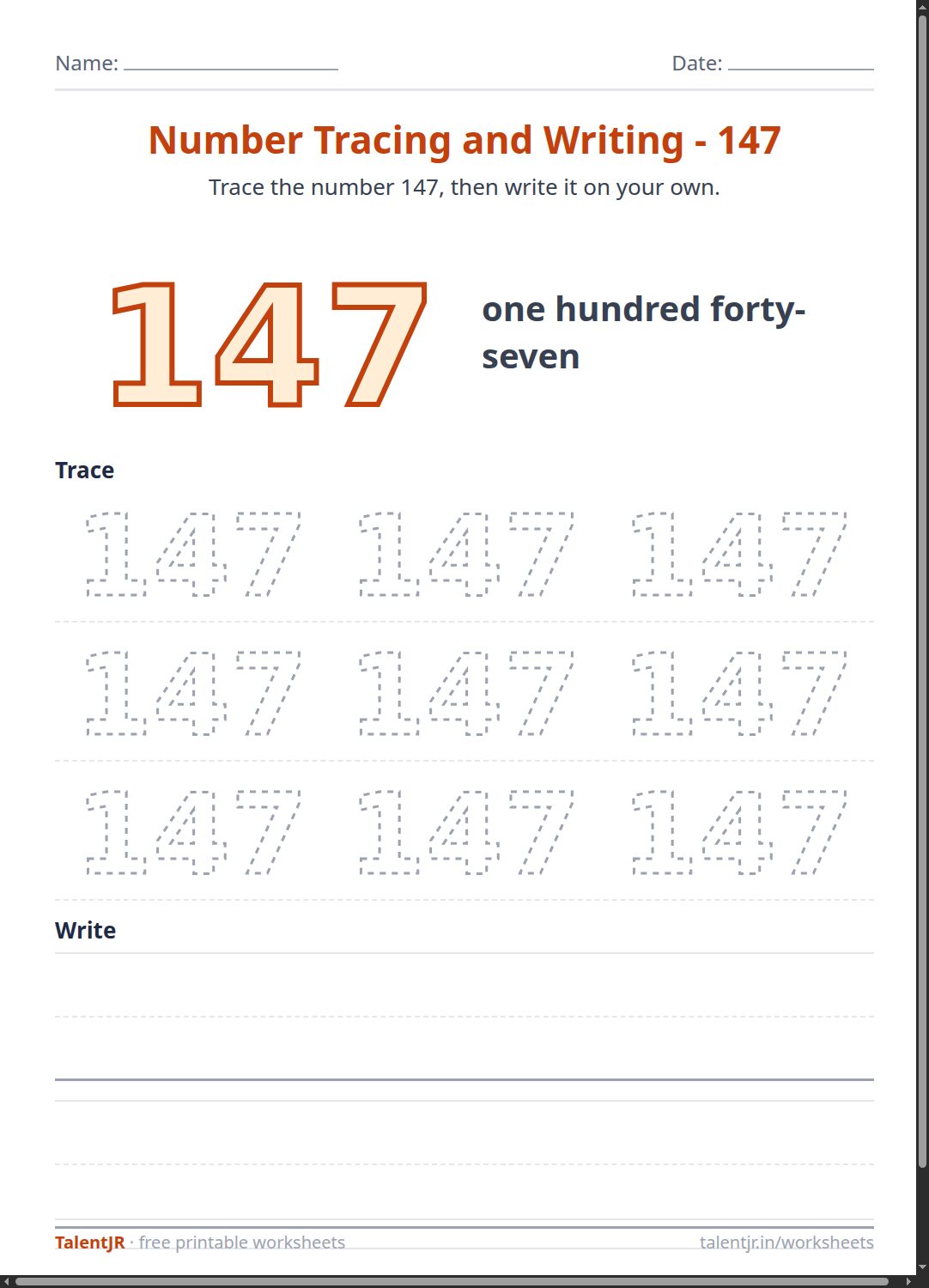 Math Worksheet: Number Tracing and Writing - 147 Worksheet