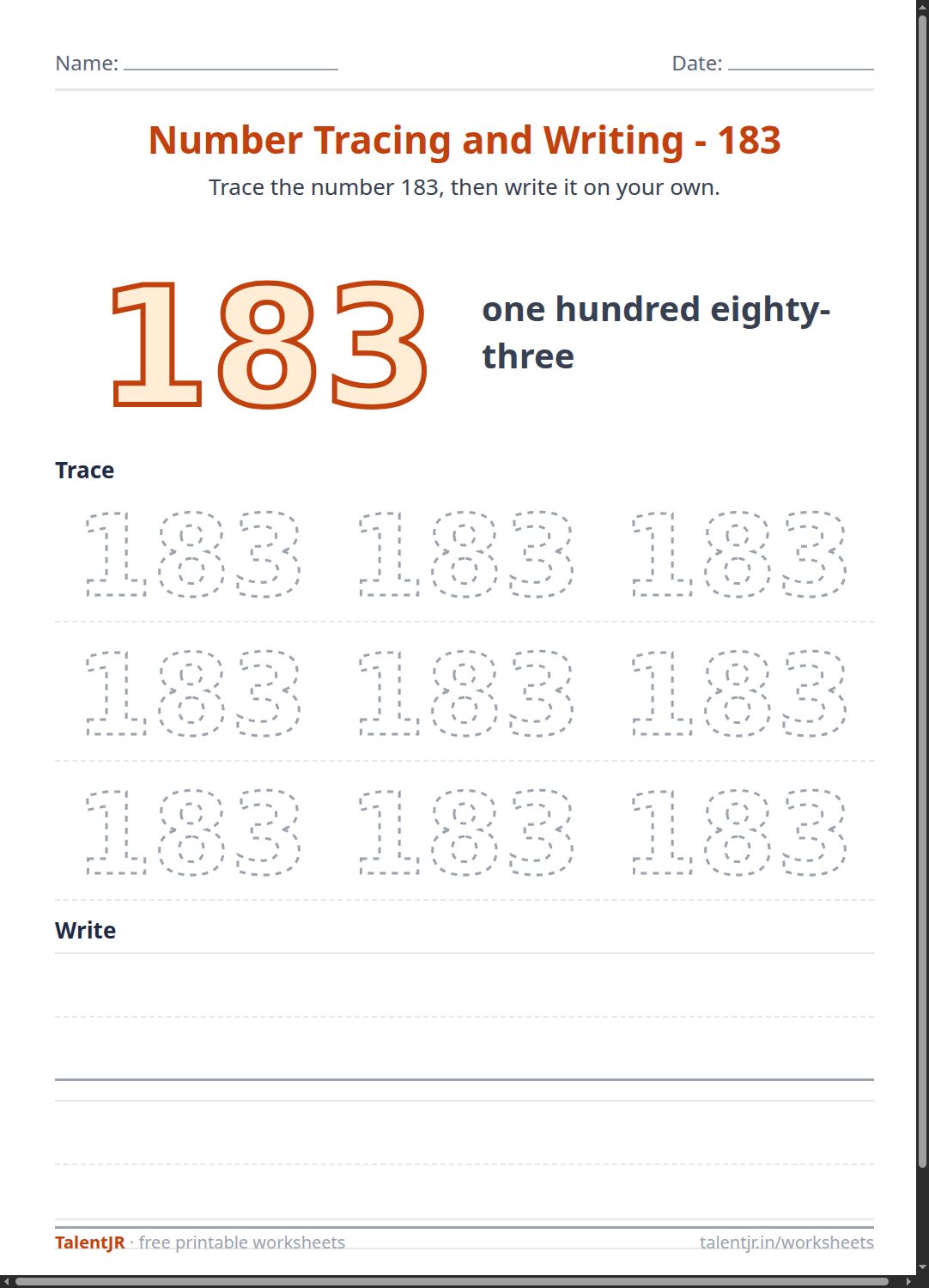 Math Worksheet: Number Tracing and Writing - 183 Worksheet