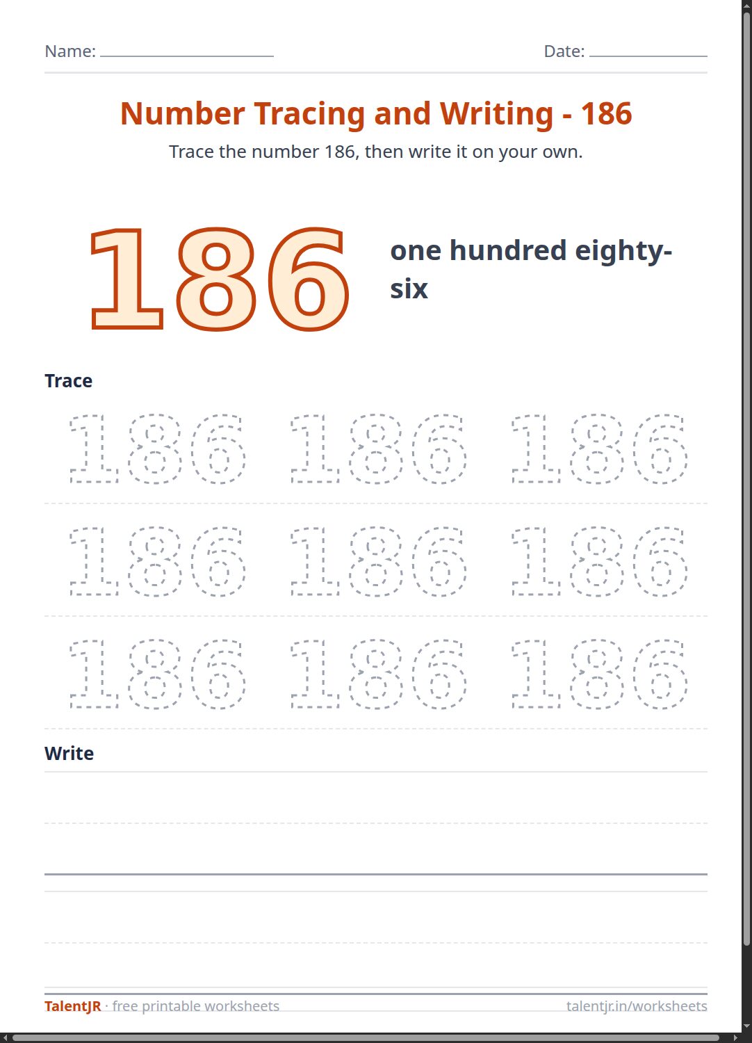 Math Worksheet: Number Tracing and Writing - 186 Worksheet