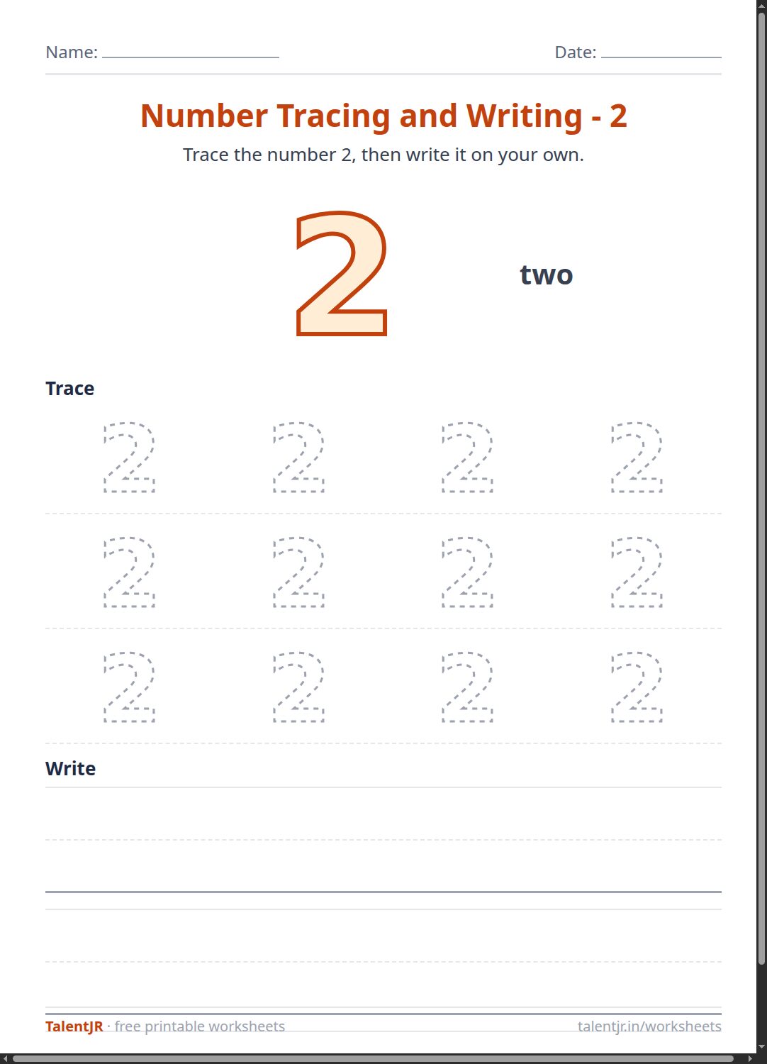 Math Worksheet: Number Tracing and Writing - 2 Worksheet
