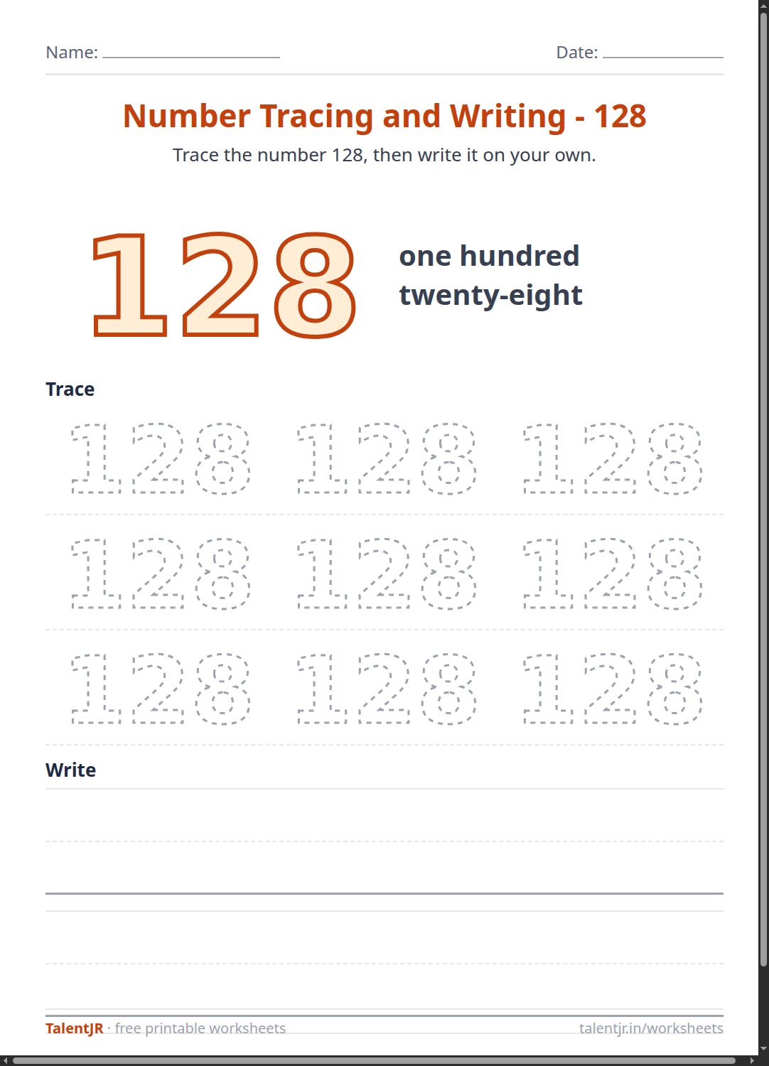 Math Worksheet: Number Tracing and Writing - 128 Worksheet