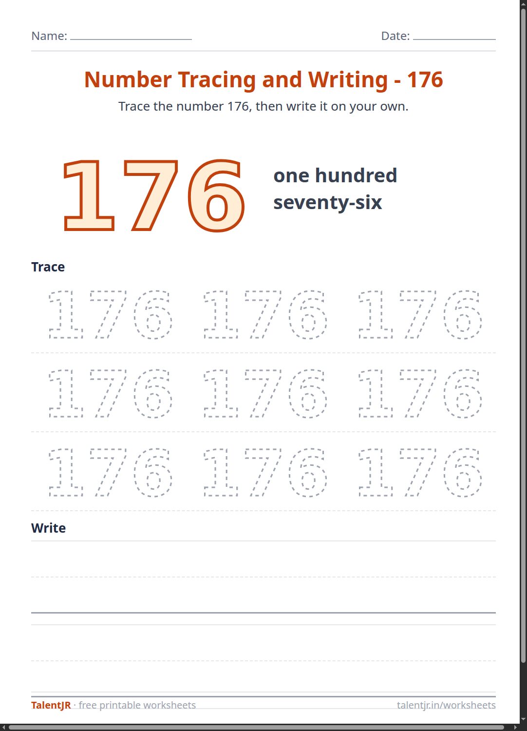 Math Worksheet: Number Tracing and Writing - 176 Worksheet