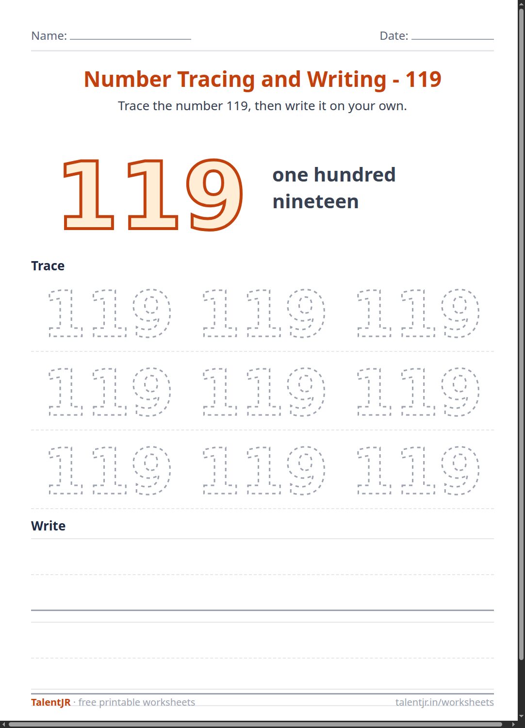 Math Worksheet: Number Tracing and Writing - 119 Worksheet