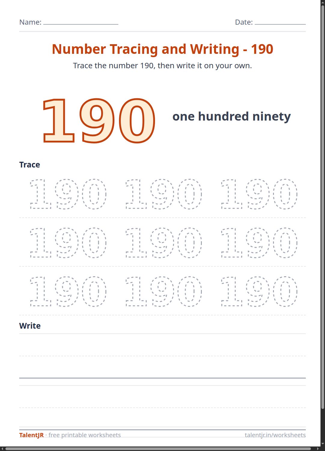 Math Worksheet: Number Tracing and Writing - 190 Worksheet