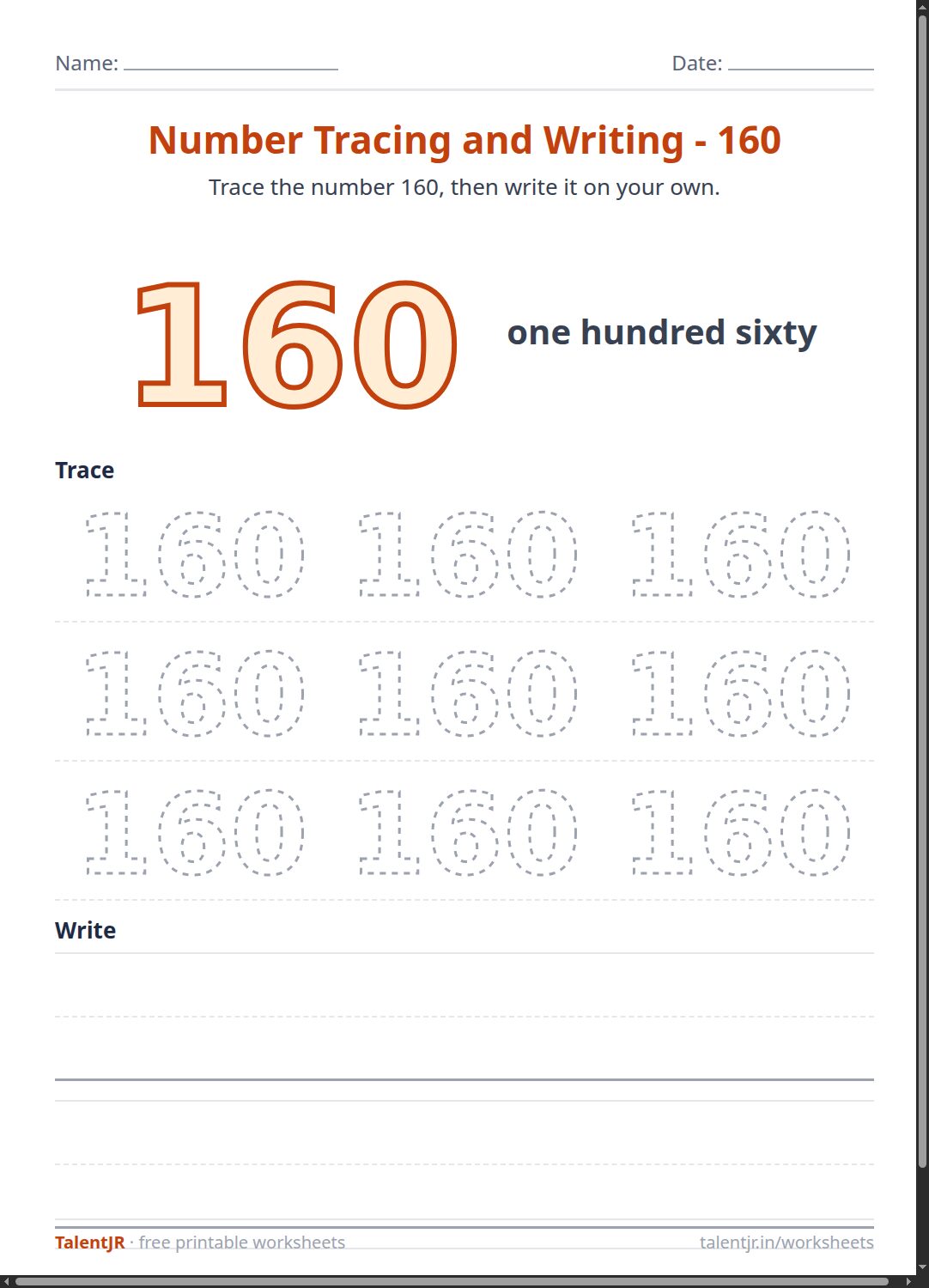 Math Worksheet: Number Tracing and Writing - 160 Worksheet