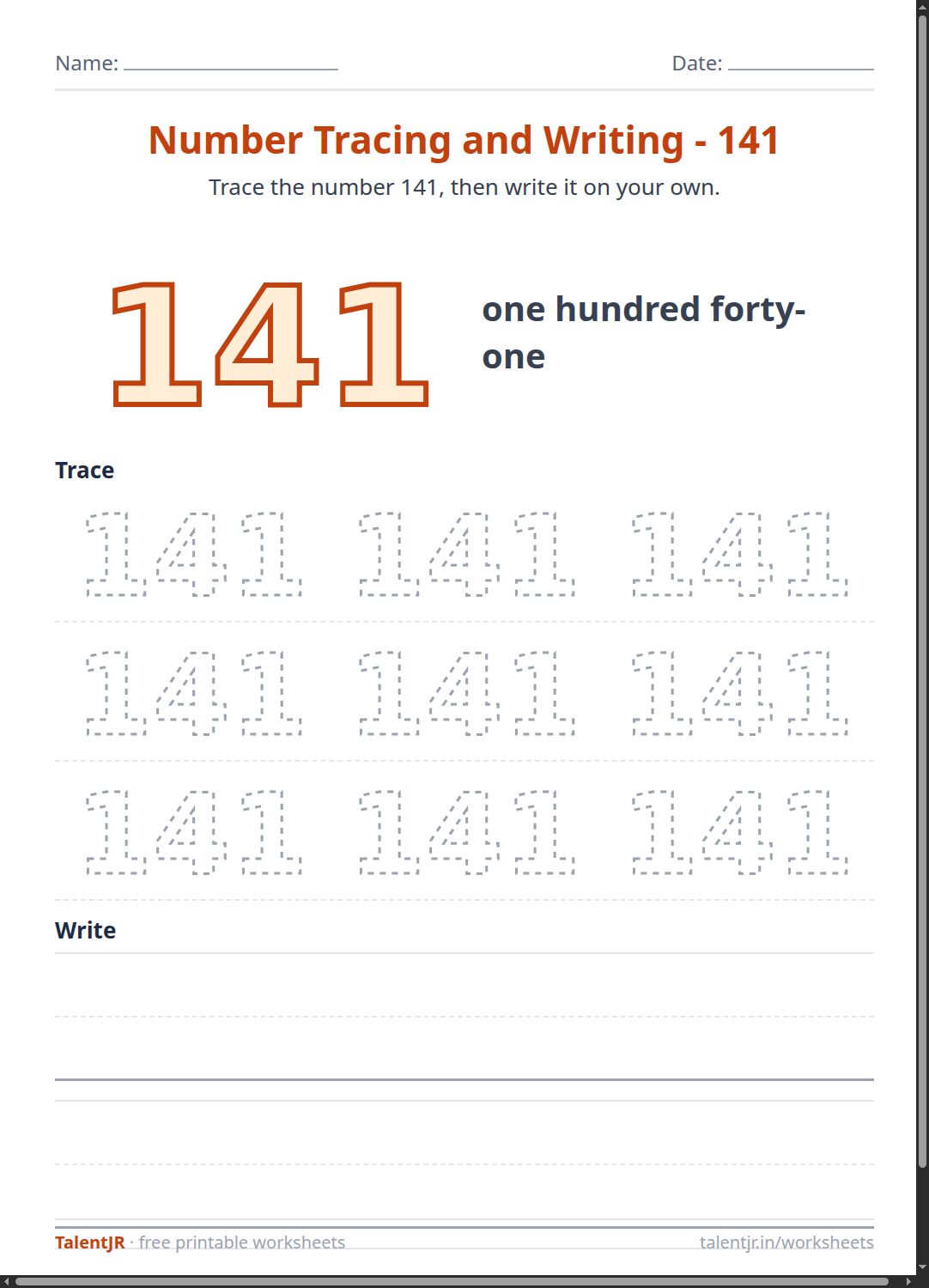 Math Worksheet: Number Tracing and Writing - 141 Worksheet