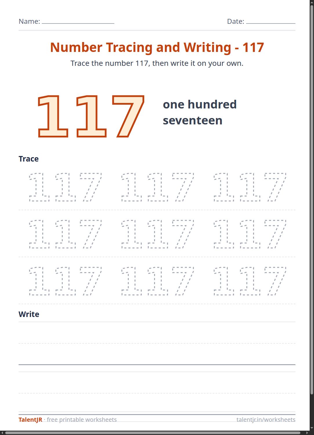 Math Worksheet: Number Tracing and Writing - 117 Worksheet