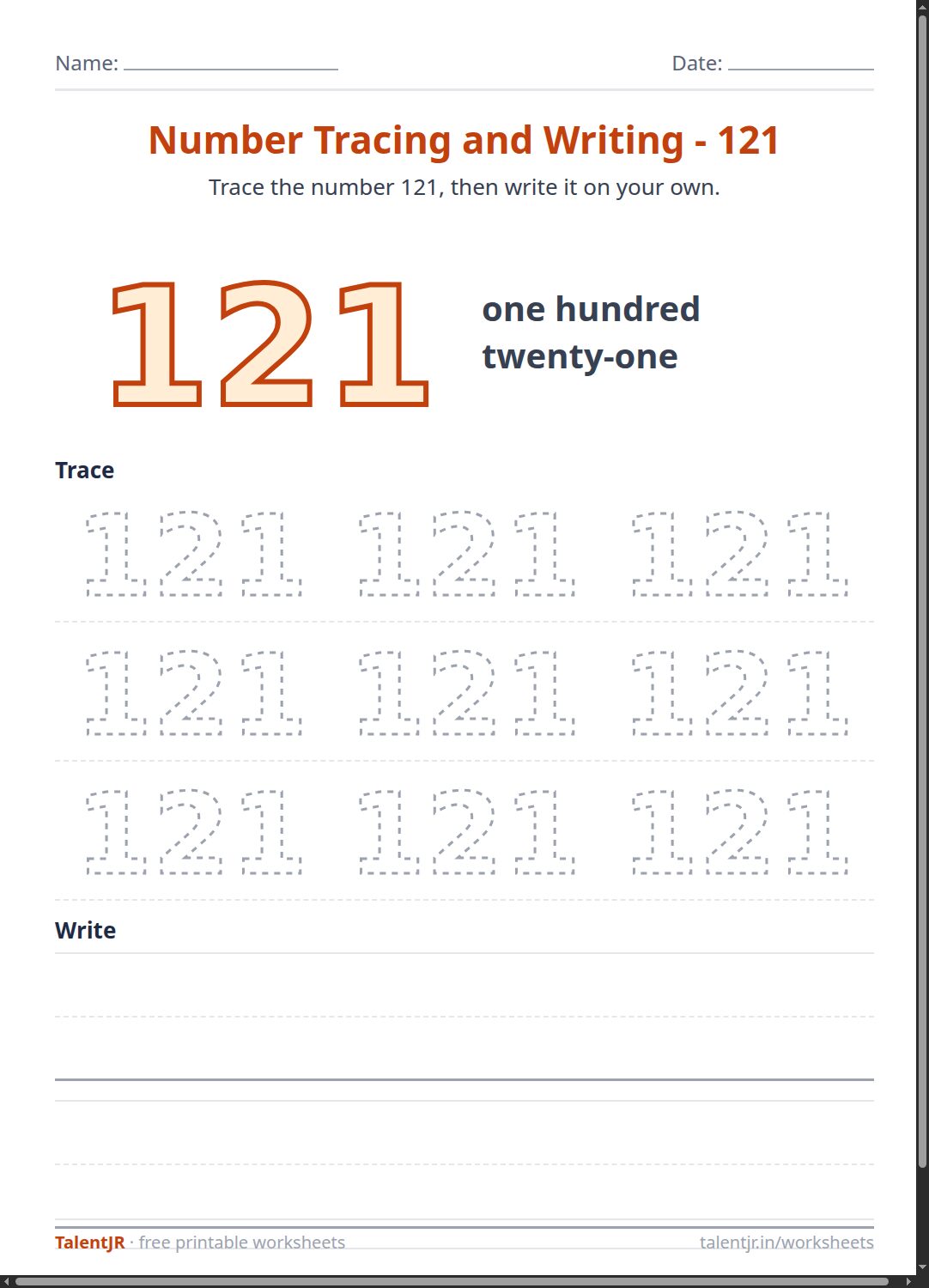 Math Worksheet: Number Tracing and Writing - 121 Worksheet