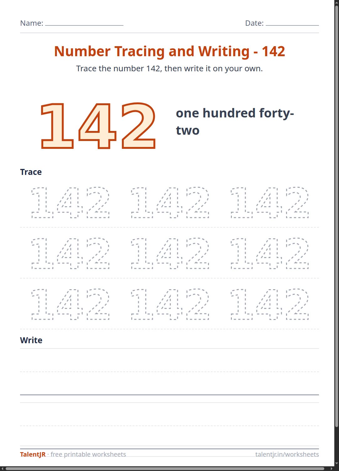 Math Worksheet: Number Tracing and Writing - 142 Worksheet