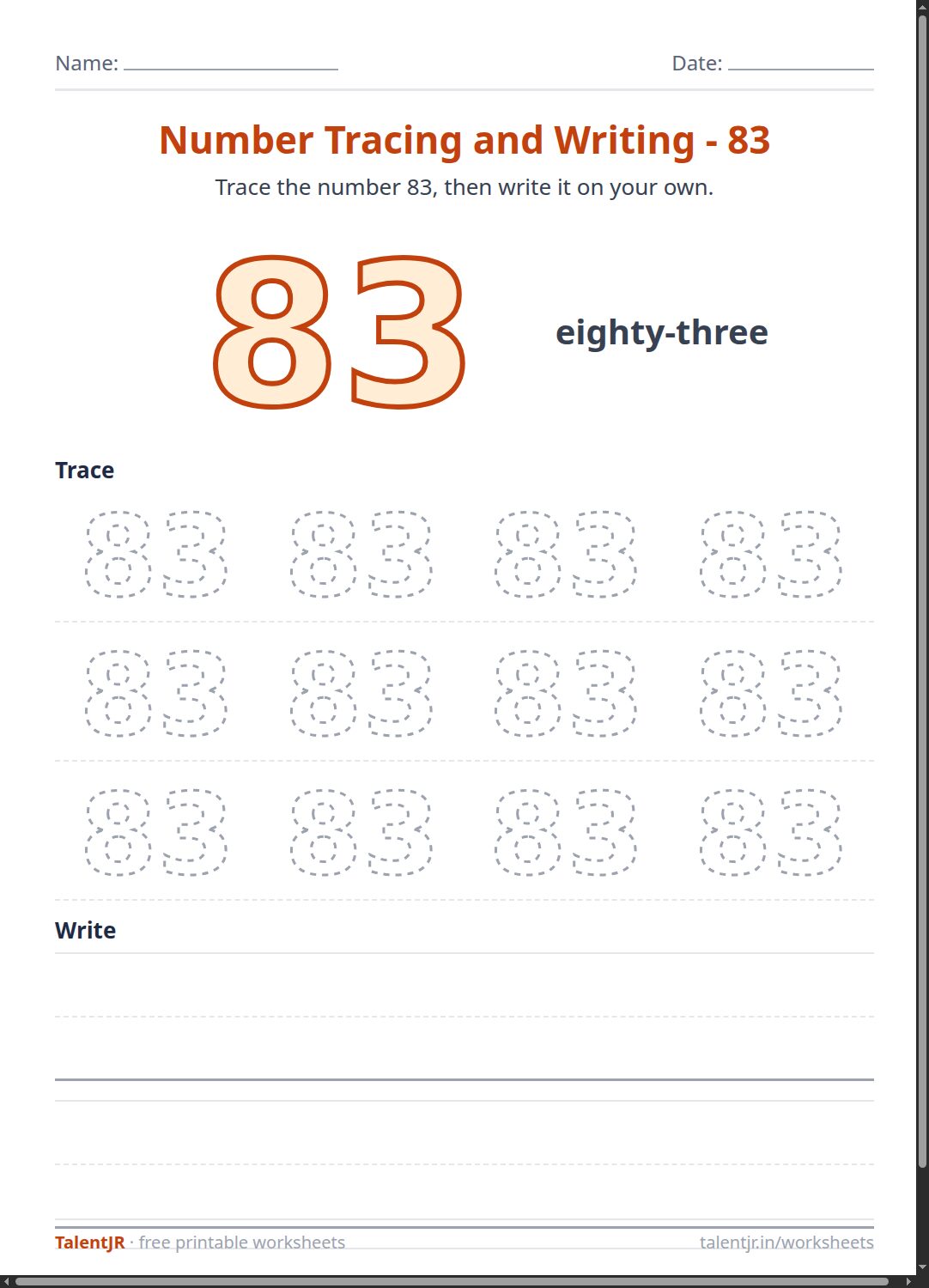 Math Worksheet: Number Tracing and Writing - 83 Worksheet