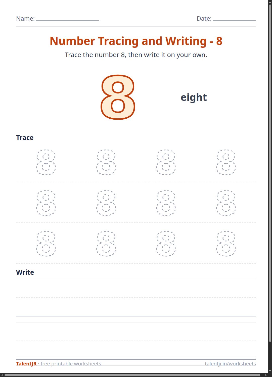 Math Worksheet: Number Tracing and Writing - 8 Worksheet